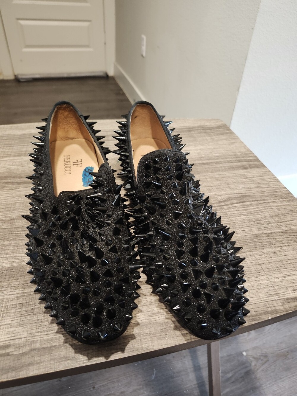 Men FERUCCI Black Spikes Slippers Loafers Flat With Black Crystal GZ Rivet Prom